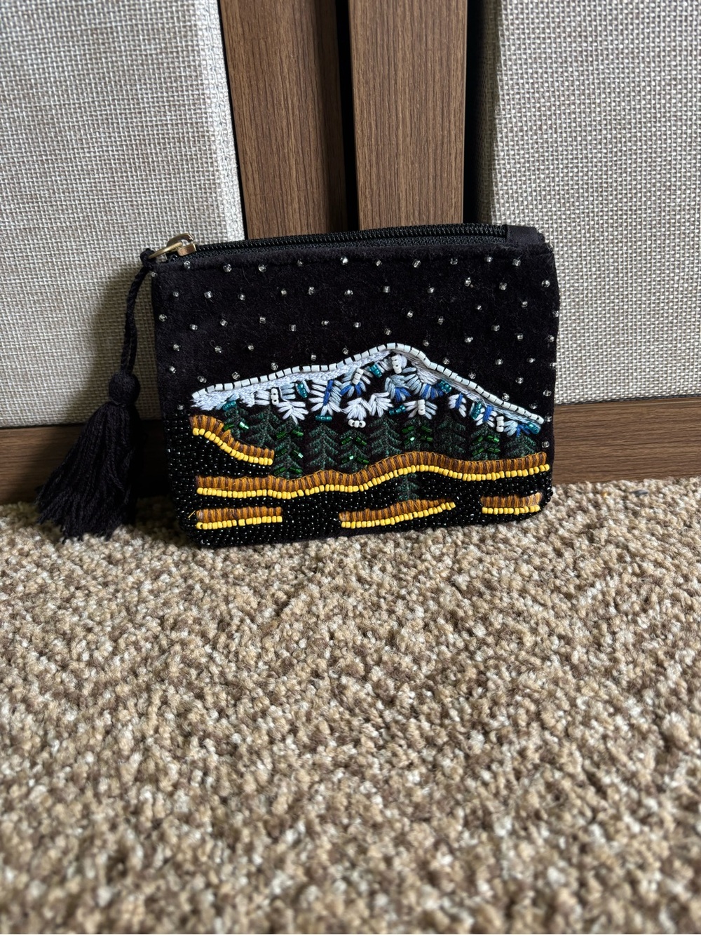 America & Beyond Beaded Black Mountain & Tassel Coin Purse Cotton